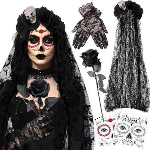 Ycaaeo Halloween Kopfschmuck 100CM Rosen Tag Der Toten Haarreif mit Spitzenhandschuhe und Gesicht Tattoos,Mexikanische Stirnband Rosen,Tag Der Toten Haarrei für Frauen Damen Kostüm Accessoires Ycaaeo Halloween Kopfschmuck 100CM Rosen Tag Der Toten Haarreif mit Spitzenhandschuhe und Gesicht Tattoos,Mexikanische Stirnband Rosen,Tag Der Toten Haarrei für Frauen Damen Kostüm Accessoires von Ycaaeo