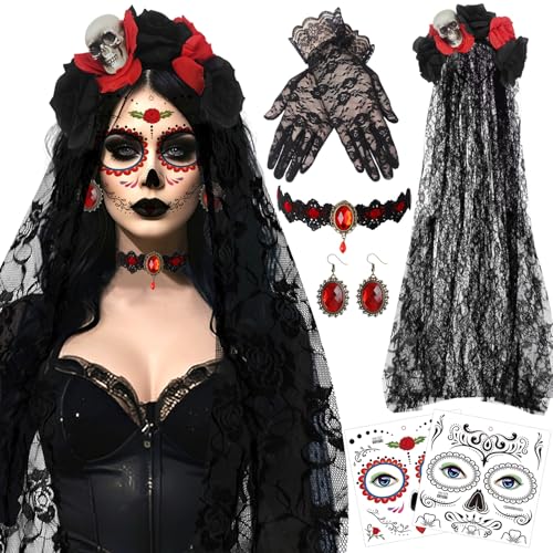 Ycaaeo Halloween Kopfschmuck 100CM Rosen Tag Der Toten Haarreif mit Spitzenhandschuhe und Gesicht Tattoos,Rubin-Halsband und Rubin-Ohrringe,Tag Der Toten Haarrei für Frauen Damen Kostüm Accessoires Ycaaeo Halloween Kopfschmuck 100CM Rosen Tag Der Toten Haarreif mit Spitzenhandschuhe und Gesicht Tattoos,Rubin-Halsband und Rubin-Ohrringe,Tag Der Toten Haarrei für Frauen Damen Kostüm Accessoires von Ycaaeo