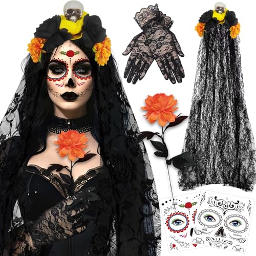Ycaaeo Halloween Kopfschmuck 100CM Rosen Tag Der Toten Haarreif mit Spitzenhandschuhe und Gesicht Tattoos,Mexikanische Stirnband Rosen,Tag Der Toten Haarrei für Frauen Damen Kostüm Accessoires von Ycaaeo