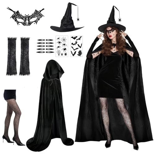 Ycaaeo Halloween Hexenkostüm Damen Set, Hexen Umhang, mit Halloween Hexenhut, Netzstrumpfhose, Spitzenmaske, hexenumhang Erwachsene, Halloween/Karneval Cosplay Kostümzubehör von Ycaaeo