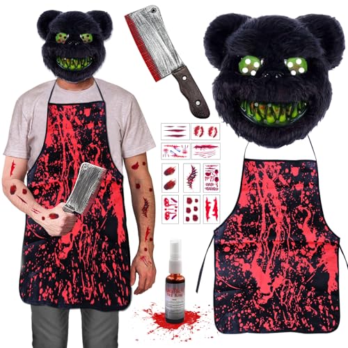 Ycaaeo Horror Bär Kostüm Halloween, Halloween Horror Bärenmaske, mit Blutige Schürze Halloween, Spielzeug Küchenmesser, Tattoo Aufkleber, Kunstblut Halloween, Halloween-Kostüme für Männer und Frauen von Ycaaeo