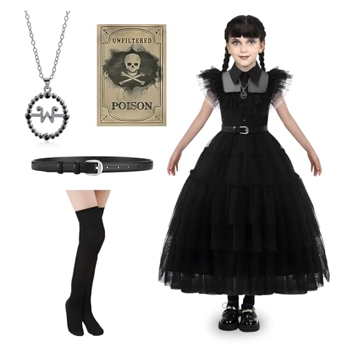 Ycaaeo Mittwoch Kostüm Mädchen,Karneval Kostüm Kinder Mittwoch mit Necklace Belt Socks Sticker,Mittwoch Kostüm Mädchenkleid Karneval,Mittwoch Kleid Für Fasching Karneval Kostümparty von Ycaaeo