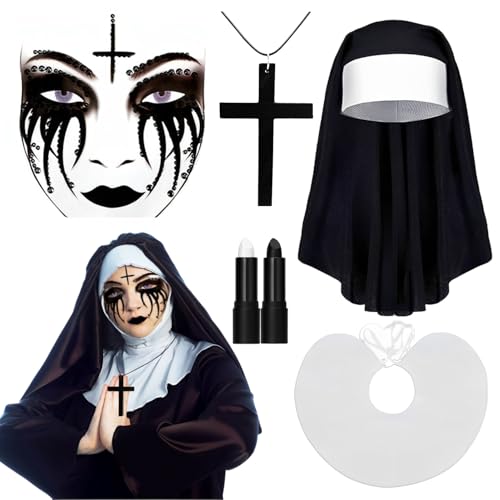 Ycaaeo Nonne Kostüm,6 Stück Halloween Erwachsene Nonne Rollenspiel Set mit Nonne Kopfschmuck,Kragen,Tattoo Gesicht,Kreuz Halskette,Schwarz-Weiß Lippenstift für Halloween Karneval Kostüm Ycaaeo Nonne Kostüm,6 Stück Halloween Erwachsene Nonne Rollenspiel Set mit Nonne Kopfschmuck,Kragen,Tattoo Gesicht,Kreuz Halskette,Schwarz-Weiß Lippenstift für Halloween Karneval Kostüm von Ycaaeo