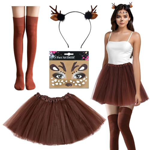 Ycaaeo Damen Reh Kostüm Set, Brauner Tüllrock, Rentier Haarreif, Reh Tattoo, Socken, Faschingskostüm, Karneval Kostümparty Ycaaeo Damen Reh Kostüm Set, Brauner Tüllrock, Rentier Haarreif, Reh Tattoo, Socken, Faschingskostüm, Karneval Kostümparty von Ycaaeo