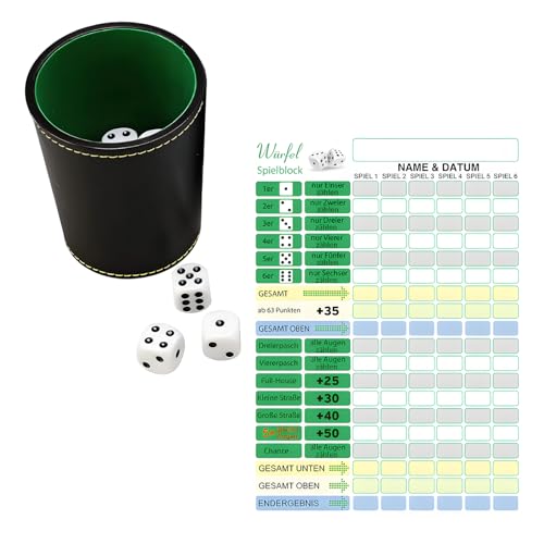 YceLon 1 Stück Kniffel Spiel Set, PU Ledermaterial Würfelbecher mit 5 Würfeln und Kniffelblock, Ideal für Familienspiele und Barunterhaltung, 9 x 7.5 x 6 cm von YceLon