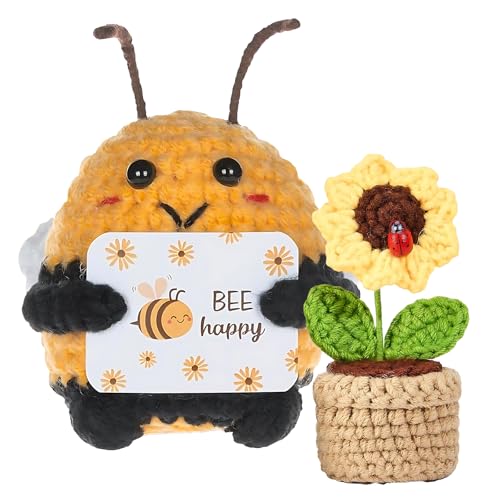 YceLon 2 Stück Bee Happy Set, Bienen Geschenk und Sonnenblumen Topf, Handgehäkelte Kuscheltiere für Wohnzimmer und Büro, Freunde und Familie von YceLon
