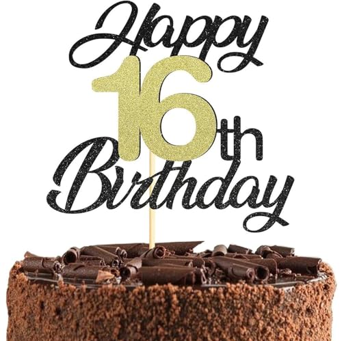 Tortenaufsatz zum 16. Geburtstag, goldfarben und schwarz, personalisierbar, "Happy 16th Birthday", Kuchendekoration, fabelhafte Prost bis zum 16. Geburtstag, für Jungen und Mädchen, perfekt für Tortenaufsatz zum 16. Geburtstag, goldfarben und schwarz, personalisierbar, "Happy 16th Birthday", Kuchendekoration, fabelhafte Prost bis zum 16. Geburtstag, für Jungen und Mädchen, perfekt für von Yclekiqa