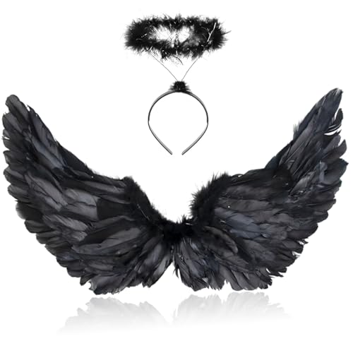 105CM Engelsflügel Schwarz mit Heiligenschein,Engel Flügel,Federflügel Engel,Engels Flügel Kostüm,Engel Flügel für Damen und Mädchen,Party Fasching Kostüme Deko,Kostümparty Verkleidung 105CM Engelsflügel Schwarz mit Heiligenschein,Engel Flügel,Federflügel Engel,Engels Flügel Kostüm,Engel Flügel für Damen und Mädchen,Party Fasching Kostüme Deko,Kostümparty Verkleidung von YeahBoom