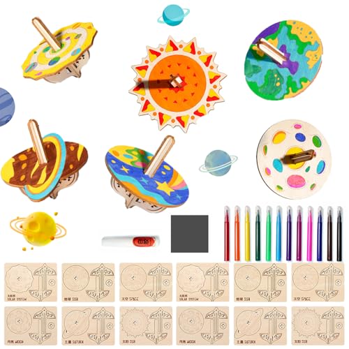 12 Stück Holzkreisel Bausatz für Kinder, Gyroskope Basteln und Deko, Farbiger Pinsel, Glitzersticker, DIY Malen Dekoration von YeahBoom