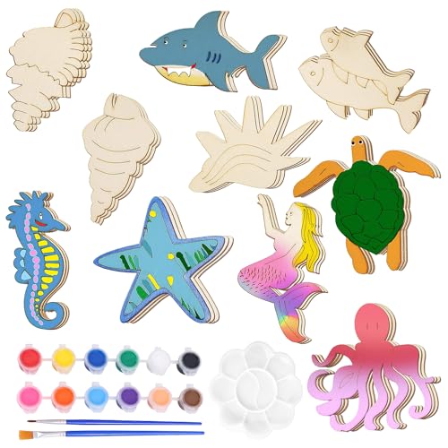 34 Stück Ozeane Bastelset Kit, Holz Zum Bemalen, Deko, Basteln Mit Kindern, Farbiger Pinsel, Glitzersticker, Für DIY Malen Dekoration von YeahBoom