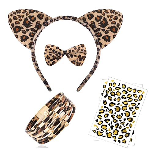 5-teilig Leoparden Kostüm Set, Leopard Gesichts Kunst Aufkleber,Tier Leopard Stirnband Fliege,Leopardenohren Haarreif,Leoparden Armband,Leopard Kostüme für Kinder,für Kostüm Party Dekoration Zubehör. von YeahBoom