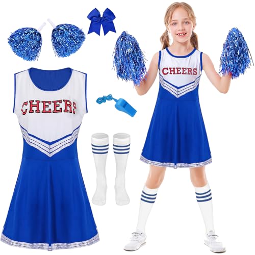 Cheerleader Kostüm Kinder, Mädchen Cheerleader Kostüm, Cheerleading Uniform Kleid mit Pompoms, Socken, pfeift und Kopfschmuck, Damen High School Cheerleader Kostüm für Karneval Halloween Kostüm Party Cheerleader Kostüm Kinder, Mädchen Cheerleader Kostüm, Cheerleading Uniform Kleid mit Pompoms, Socken, pfeift und Kopfschmuck, Damen High School Cheerleader Kostüm für Karneval Halloween Kostüm Party von YeahBoom