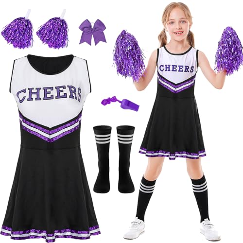 Cheerleader Kostüm Kinder, Mädchen Cheerleader Kostüm, Cheerleading Uniform Kleid mit Pompoms, Socken, pfeift und Kopfschmuck, Damen High School Cheerleader Kostüm für Karneval Halloween Kostüm Party Cheerleader Kostüm Kinder, Mädchen Cheerleader Kostüm, Cheerleading Uniform Kleid mit Pompoms, Socken, pfeift und Kopfschmuck, Damen High School Cheerleader Kostüm für Karneval Halloween Kostüm Party von YeahBoom