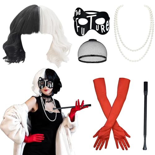 Cruella Kostüm Damen,6 Stück Kurze Schwarze und Weiße Perücke mit Damen Spitze Maske,Perückenmütze,Handschuhe,Perlenkette Halskette Set,70er Jahre Accessoires,für Halloween Karneval Kostüm Cosplay von YeahBoom