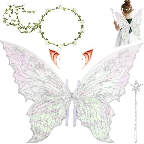 Engelsflügel Weiß,Feenflügel Kostüm,Schmetterlingsflügel mit Elfenöhren,Fee Stirnband und Sterne Feenstäbe,Feenflügel Erwachsene,Prinzessinnenflügel Damen von YeahBoom