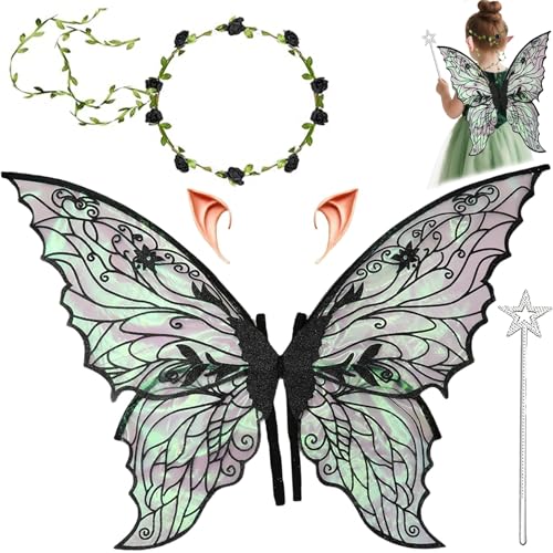 Feenflügel Kostüm,Feenflügel Erwachsene,Schmetterlingsflügel mit Elfenohren,Fee Stirnband und Sterne Feenstäbe,Prinzessinnenflügel Damen,Geeignet Fasching Karneval Geburtstag Cosplay Party Halloween von YeahBoom
