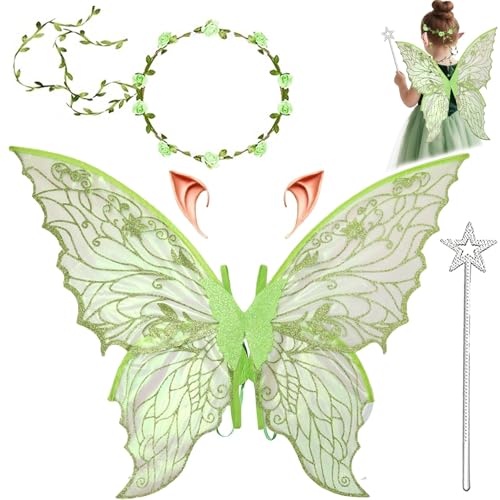 Feenflügel Kostüm,Feenflügel Erwachsene,Schmetterlingsflügel mit Elfenohren,Fee Stirnband und Sterne Feenstäbe,Prinzessinnenflügel Damen,Geeignet Fasching Karneval Geburtstag Cosplay Party Halloween von YeahBoom