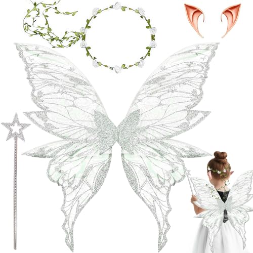 Feenflügel Kostüm,Schmetterlingsflügel mit Elfenöhren,Fee Stirnband und Sterne Feenstäbe,Feenflügel Erwachsene,Prinzessinnenflügel Damen,Geeignet Fasching Karneval Geburtstag Cosplay Party Halloween von YeahBoom