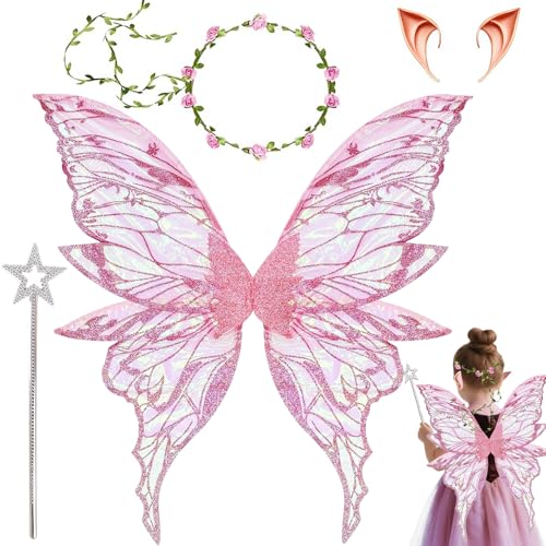 Feenflügel Kostüm,Schmetterlingsflügel mit Elfenöhren,Fee Stirnband und Sterne Feenstäbe,Feenflügel Erwachsene,Prinzessinnenflügel Damen,Geeignet Fasching Karneval Geburtstag Cosplay Party Halloween von YeahBoom