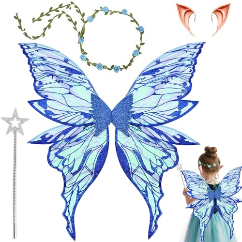 Feenflügel Kostüm,Schmetterlingsflügel mit Elfenöhren,Fee Stirnband und Sterne Feenstäbe,Feenflügel Erwachsene,Prinzessinnenflügel Damen,Geeignet Fasching Karneval Geburtstag Cosplay Party Halloween von YeahBoom