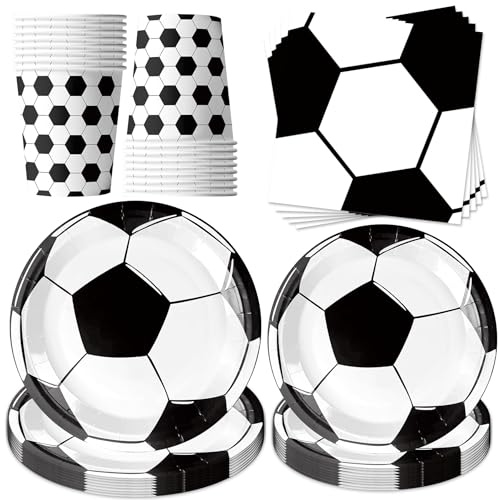 Fußball Partygeschirr Set,50 Stück Partygeschirr Kindergeburtstag,Fußball Party Dekorationszubehör mit Pappbecher Teller Servietten,Mädchen Junge Mottoparty Kindergeburtstag für 10 Gäste von YeahBoom