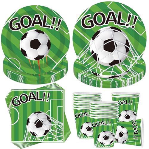 Fußball Partygeschirr Set,50 Stück Partygeschirr Kindergeburtstag,Fußball Party Dekorationszubehör mit Pappbecher Teller Servietten,Mädchen Junge Mottoparty Kindergeburtstag für 10 Gäste von YeahBoom