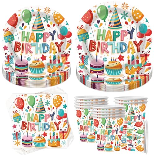50 Stück Partygeschirr Set,Bunt Pappteller KindergeburtstagThema Partygeschirr Set,Mit Teller Becher Servietten,Kindergeburtstag Mädchen Junge für 10 Gäste von YeahBoom