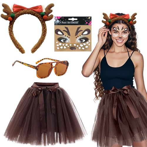 Rentier Kostüm Damen,Reh Kostüm Damen,Rentier Tutu Rock,Hirsch Blumenstirnband und Tüllrock Braun,Reh Gesichtstattoo,Sonnenbrille,Geweih Kostüm Accessoires,Elch Cosplay für Party, Karneval, Mottoparty Rentier Kostüm Damen,Reh Kostüm Damen,Rentier Tutu Rock,Hirsch Blumenstirnband und Tüllrock Braun,Reh Gesichtstattoo,Sonnenbrille,Geweih Kostüm Accessoires,Elch Cosplay für Party, Karneval, Mottoparty von YeahBoom
