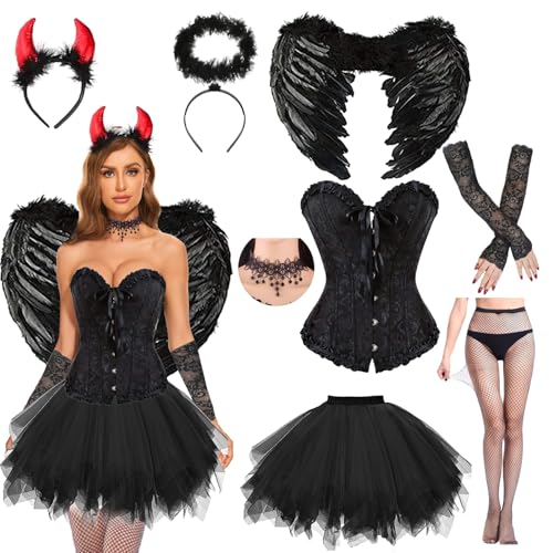 Schwarz Engel Kostüm,Gothic Corsage Korsett und Tüll Rock,Engel und Teufel Flügel Kostüm, Engel Haarreif,Teufel Hörner,Spitzenstrümpfe,Halsketten und Handschuhe,für Halloween Karneval Fasching Party von YeahBoom