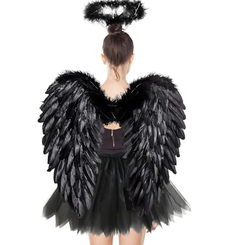 3 Stück Schwarz Engel Kostüm Damen,60cm Engelsflügel Erwachsene mit Heiligenschein,70-110cm Tüllrock Damen,Engelskostüm Damen für Halloween Karneval Cosplay Party Fasching Kostümparty von YeahBoom