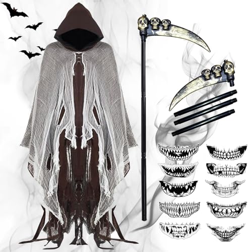 Sensenmann Kostüm Herren,Halloween Umhang mit Kapuze mit Sensen,Halloween Mund Tattoo,Halloween Kostüm Gruselig,Halloween Kostüm Horror,Geeignet für Erwachsene,Halloween Party,Karneval,Cosplay (Braun) von YeahBoom