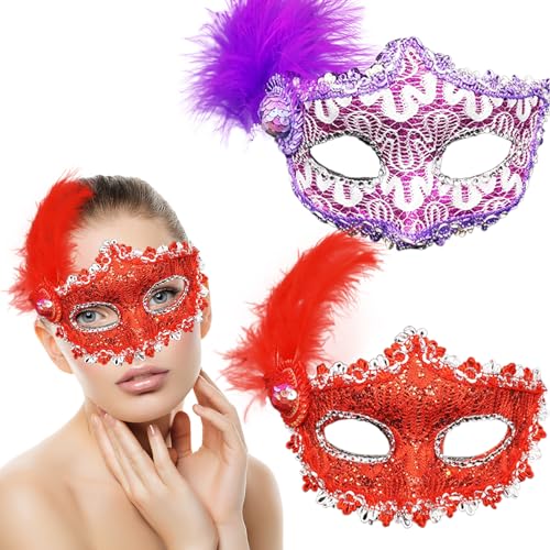 YeahBoom 2 Stück Venezianischen Masquerade Maske,Venezianische Maske mit Feder,Damen Herren Venezianischen Maske,Maskerade Ball Maske,Prom Mask,Karneval Dekorationen Venezianische Masken für Frauen von YeahBoom