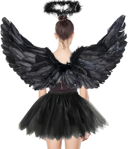 YeahBoom 3 Stück Schwarz Engel Kostüm Damen,80cm Engelsflügel Erwachsene mit Heiligenschein,80-130cm Tüllrock Damen,Engelskostüm für Halloween Karneval Cosplay Party Fasching Kostümparty von YeahBoom