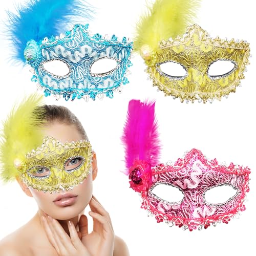 YeahBoom 3 Stück Venezianischen Masquerade Maske,Venezianische Maske mit Feder,Damen Herren Venezianischen Maske,Maskerade Ball Maske,Prom Mask,Karneval Dekorationen Venezianische Masken für Frauen von YeahBoom