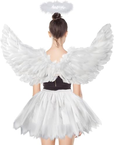 YeahBoom 3 Stück Weiß Engel Kostüm Damen,80cm Engelsflügel Erwachsene mit Heiligenschein,80-130cm Tüllrock Damen,Engelskostüm für Halloween Karneval Cosplay Party Fasching Kostümparty von YeahBoom