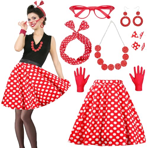 Rockabilly Accessoires Damen,Damen Zubehör Kostüm Retro mit Schal Handschuhe Sonnenbrille Polka Dot Bandana Ohrringe Halskette Polka Dot Rock, 50er Jahre Outfit Damen für Karneval,Fasching,Mottoparty von YeahBoom