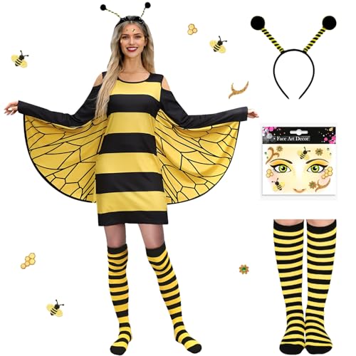 YeahBoom Bienen Kostüm Damen, Kostüm Erwachsene Biene, Bienen Kostüm Set, Gestreifte Strümpfe, Aufkleber, Haarbänder, Karneval Kostüm Damen für Halloween Dress Up Party Cosplay von YeahBoom