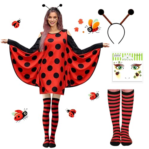 Marienkäfer Kostüm Damen, Marienkäfer-Kostüm für Erwachsene, Marienkäfer Kostüm Accessoires, Gestreifte Strümpfe, Aufkleber, Haarbänder, Karneval Kostüm Damen für Halloween Dress Up Party Cosplay von YeahBoom