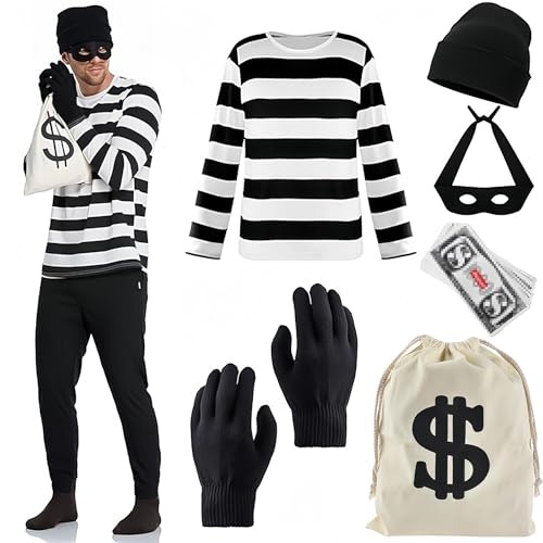YeahBoom Kostümset für Räuber für Erwachsene,Kostüm Dieb,Erwachsene Räuber Kostüm Set,Karneval Kostüm mit T-Shirt,Handschuhen,Taschen und Augenmaske,Banknoten,Hut,Socken für Karneval Halloween Kostüm YeahBoom Kostümset für Räuber für Erwachsene,Kostüm Dieb,Erwachsene Räuber Kostüm Set,Karneval Kostüm mit T-Shirt,Handschuhen,Taschen und Augenmaske,Banknoten,Hut,Socken für Karneval Halloween Kostüm von YeahBoom
