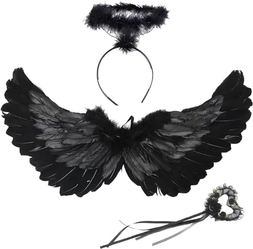 YeahBoom Engelsflügel Schwarz,60CM Engel Kostüm Damen mit Heiligenschein und Zauberstab, Flügel,Kostüm ,Schwarz Flügel Mädchen, Deko,Federflügel , von YeahBoom