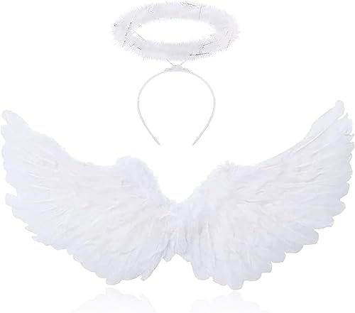 YeahBoom Engelsflügel Weiß, Kostüm Damen mit Heiligenschein, , Engel,Weiße Flügel Mädchen, Deko,Federflügel Engel, Kostüm von YeahBoom