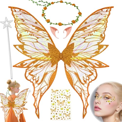 YeahBoom Feenflügel Kostüm,Schmetterlingsflügel mit Elfenöhren,Fee Stirnband und Sterne Feenstäbe,Schmetterlingsflügel,Prinzessinnenflügel,Flügel Kostüm für Fasching oder Feen-Mottopartys von YeahBoom
