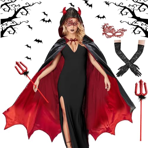 Halloween Teufel Kostüm Damen,Schwarz Rot Doppelseitiger Umhang mit Kapuze mit Teufelsgabel,Spitzenaugenklappe,Spitzenhandschuhen,Halloween Kostüm Damen Vampir Umhang für Karneval Halloween Cosplay Halloween Teufel Kostüm Damen,Schwarz Rot Doppelseitiger Umhang mit Kapuze mit Teufelsgabel,Spitzenaugenklappe,Spitzenhandschuhen,Halloween Kostüm Damen Vampir Umhang für Karneval Halloween Cosplay von YeahBoom