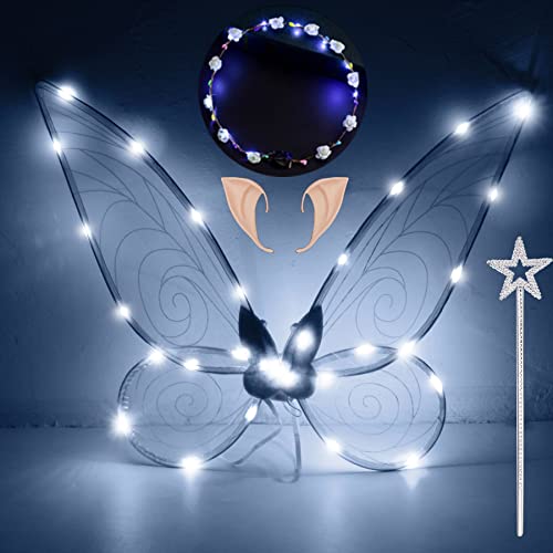 YeahBoom LED Feenflügel Leuchtende,Schmetterlingsflügel mit Elfenöhren,LED Fee Stirnband und Sterne Feenstäbe,Schmetterlingsflügel,Prinzessinnenflügel,Flügel Kostüm für Fasching oder Feen-Mottopartys von YeahBoom
