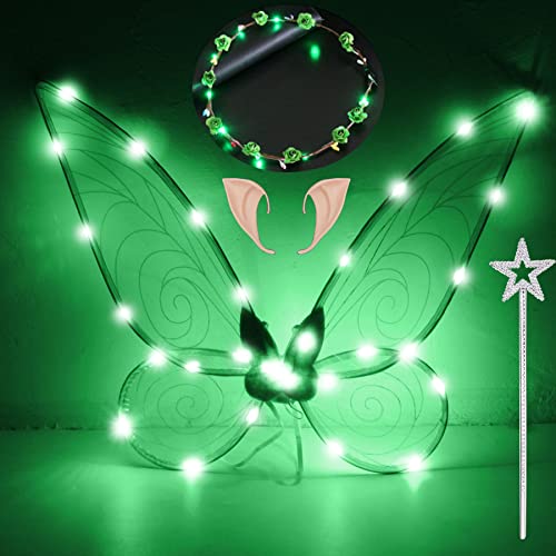 YeahBoom LED Feenflügel Leuchtende,Schmetterlingsflügel mit Elfenöhren,LED Fee Stirnband und Sterne Feenstäbe,Schmetterlingsflügel,Prinzessinnenflügel,Flügel Kostüm für Fasching oder Feen-Mottopartys von YeahBoom