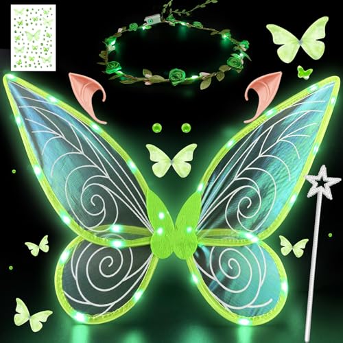 YeahBoom LED Feenflügel Leuchtende,Schmetterlingsflügel mit Elfenöhren,LED Fee Stirnband und Sterne Feenstäbe,Schmetterlingsflügel,Prinzessinnenflügel,Flügel Kostüm für Fasching oder Feen-Mottopartys von YeahBoom