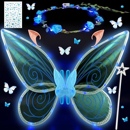 YeahBoom LED Feenflügel Leuchtende,Schmetterlingsflügel mit Elfenöhren,LED Fee Stirnband und Sterne Feenstäbe,Schmetterlingsflügel,Prinzessinnenflügel,Flügel Kostüm für Fasching oder Feen-Mottopartys von YeahBoom