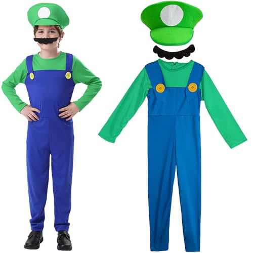 YeahBoom Mario Kostüm Luigi Kostüm Set,Luigi Kostüm,3 Stück Bros Cosplay Kostüm, Jungen Madchen Outfit für Weihnachten Karneval Faschingskostüme von YeahBoom