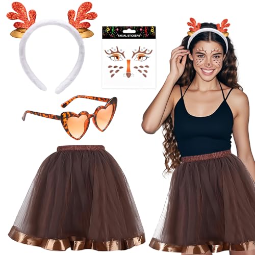 Rentier Kostüm Damen,Reh Kostüm Damen,Rentier Tutu Rock,Hirsch Blumenstirnband und Tüllrock Braun,Reh Gesichtstattoo,Sonnenbrille,Geweih Kostüm Accessoires,Elch Cosplay für Party, Karneval, Mottoparty Rentier Kostüm Damen,Reh Kostüm Damen,Rentier Tutu Rock,Hirsch Blumenstirnband und Tüllrock Braun,Reh Gesichtstattoo,Sonnenbrille,Geweih Kostüm Accessoires,Elch Cosplay für Party, Karneval, Mottoparty von YeahBoom