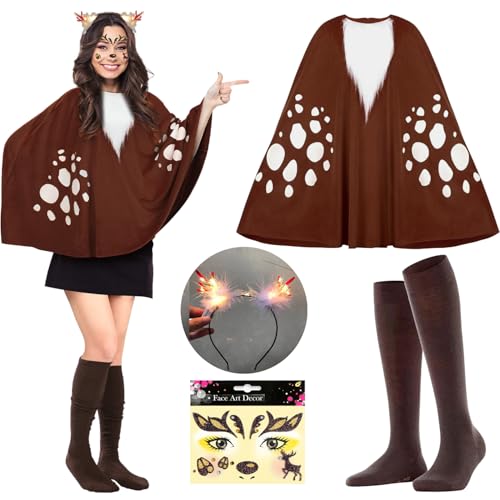 YeahBoom Rentier Karneval Damenkostüm, Reh Bambi Cape mit Kapuze, Rentier Geweih Haarreif, Glitter Gesichtstattoo, Reh Kostüm Damen, Geeignet für Weihnachts Faschings Cosplay Mottoparty von YeahBoom